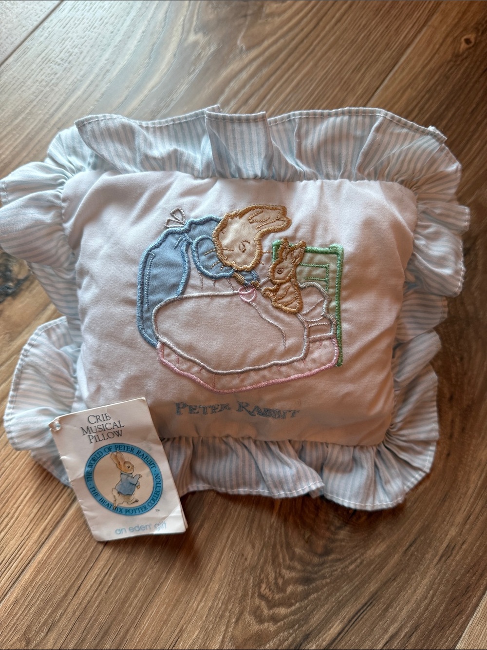 Vintage Beatrix Potter Peter Rabbit Eden Crib Musical Pillow Ruffle Stripe Blue